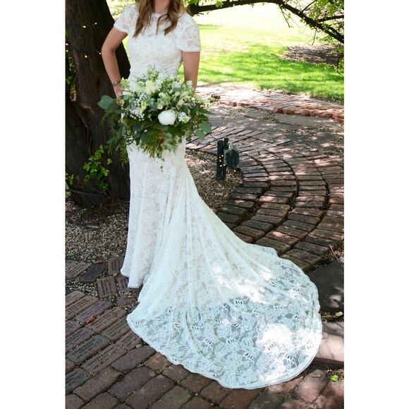 Melissa Sweet Ivory Champagne Short Sleeve Lace Train Wedding Dress Plus Sz 22W - Picture 5 of 12